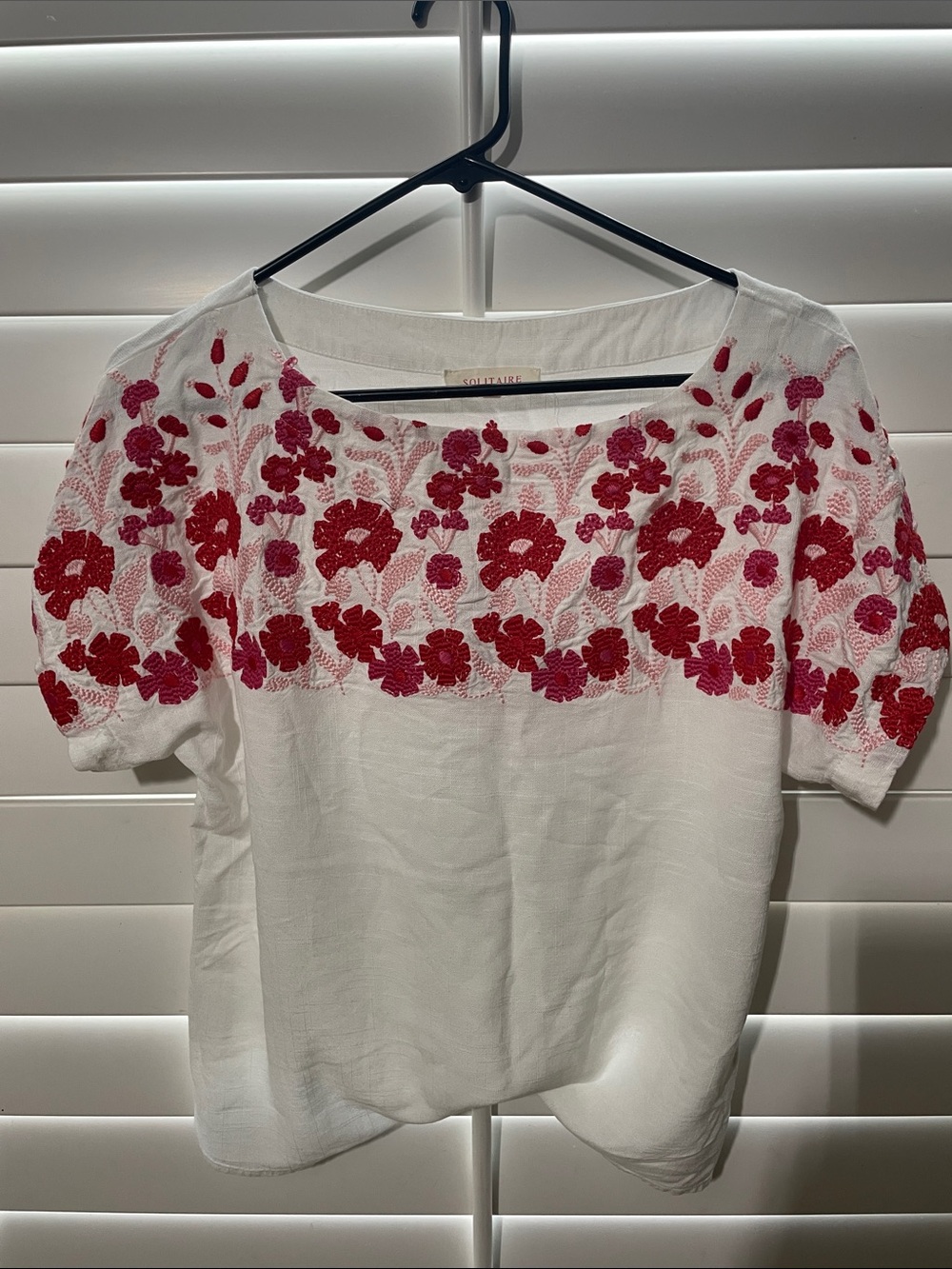 Solitaire White Blouse with Red and Deep Pink Floral Embroidery